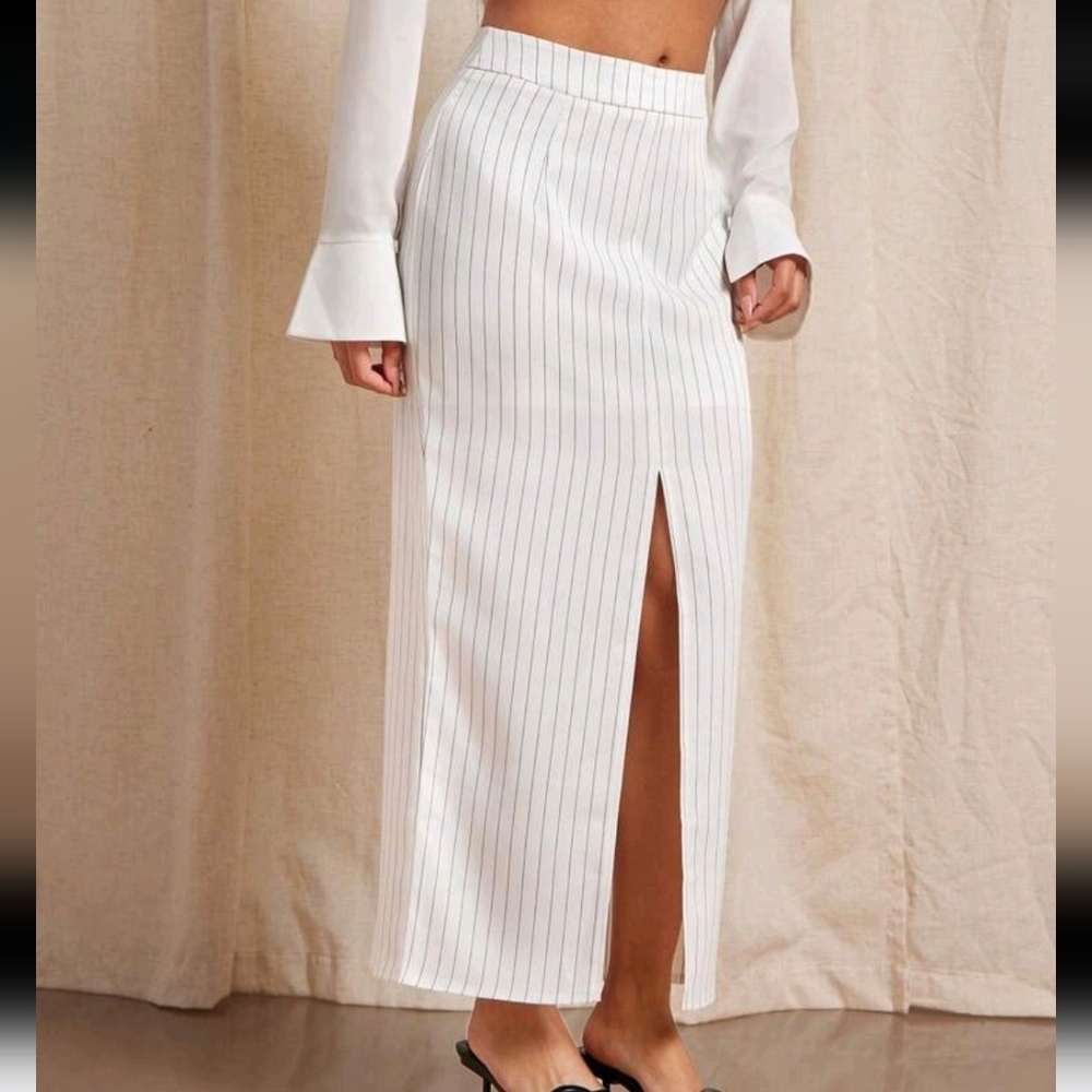 Pinstripe Front Slit Midi Office Skirt, Business Casual Women, Office Outfits - Picture 3 of 4